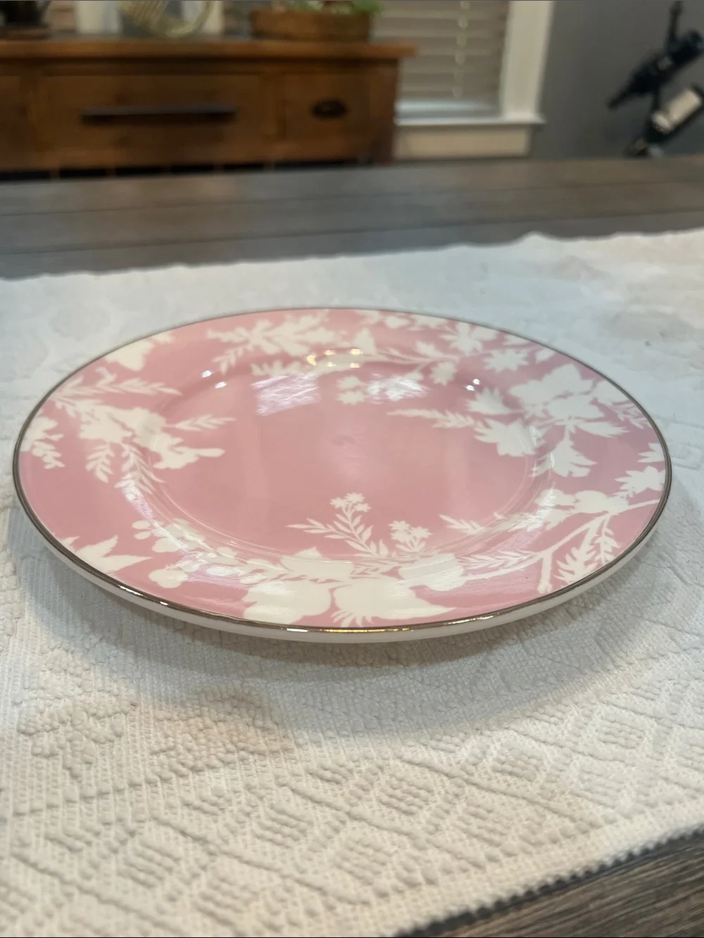 3 Pottery Barn Pink & White Floral Plates Gold Trim 8.75 Inch